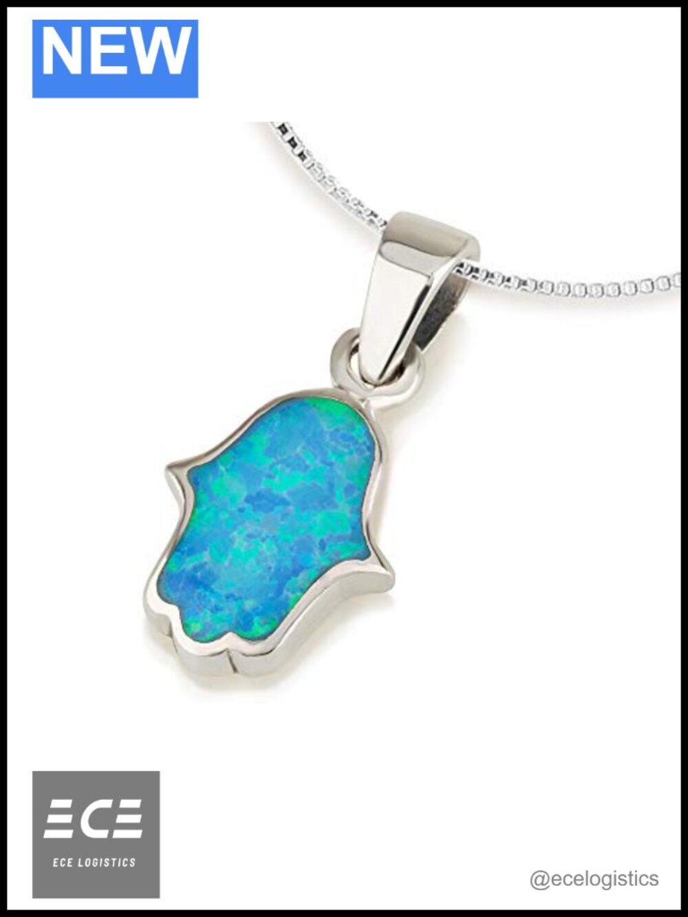 925 Sterling Silver Hamsa Pendant Charm Necklace Opal Synthetic Round